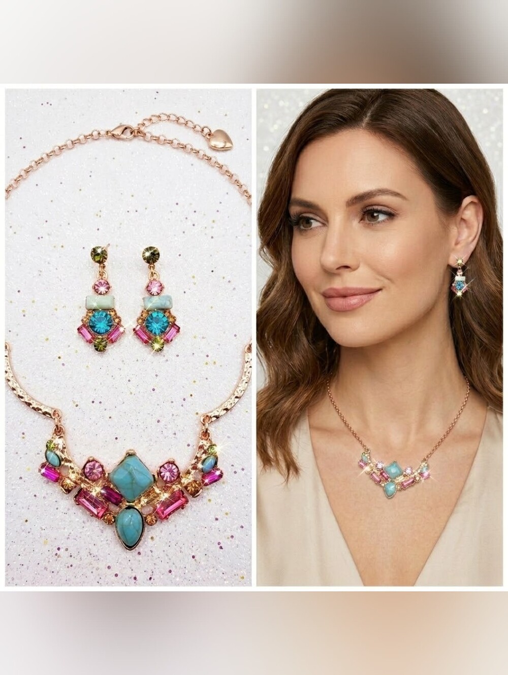 Gold pink Blue crystal turquoise stone necklace earrings set